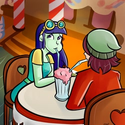 Size: 1000x1000 | Tagged: safe, artist:php52, blueberry cake, normal norman, equestria girls, /mlp/, background human, male, milkshake, naomi nobody, normalcake, sharing a drink, shipping, straight, sunglasses