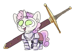 Size: 967x685 | Tagged: safe, artist:nobody, sweetie belle, armor, cute, fantasy class, knight, solo, sword, warrior, weapon