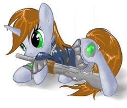 Size: 657x560 | Tagged: safe, artist:nyashaponyasha, oc, oc only, oc:littlepip, pony, unicorn, fallout equestria, clothes, cute, fanfic, fanfic art, female, glowing horn, gun, hooves, horn, levitation, magic, mare, pipabetes, pipbuck, simple background, solo, telekinesis, vault suit, weapon, white background