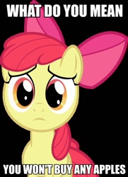 Size: 695x960 | Tagged: safe, apple bloom, apple, bronybait, caption, image macro, meme, solo