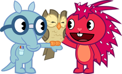 Size: 1146x697 | Tagged: safe, artist:porygon2z, owlowiscious, crossover, flaky, happy tree friends, simple background, sniffles (happy tree friends), this will end in tears and/or death, transparent background