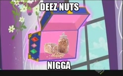 Size: 474x294 | Tagged: safe, edit, edited screencap, screencap, the return of harmony, deez nuts, image macro, inappropriate joke, meme, nigga, nuts, pun, racial slur, the boondocks, vulgar