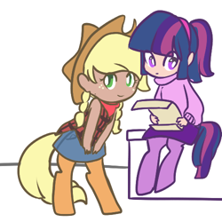 Size: 500x500 | Tagged: safe, artist:mt, oc, oc only, oc:cinnamon cider, oc:glimmer, satyr, clothes, looking at you, offspring, parent:applejack, parent:twilight sparkle, scroll, sitting, skirt, smiling, standing