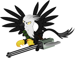 Size: 4067x3151 | Tagged: safe, artist:vector-brony, oc, oc only, griffon, fallout equestria, bandolier, flying, frown, glare, minigun, solo, spread wings, weapon
