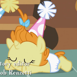 Size: 341x341 | Tagged: safe, screencap, pumpkin cake, pony, baby cakes, baby, baby pony, cute, diaper, diapered, diapered filly, eyes closed, female, filly, frown, hat, one month old filly, oopsie daisy, party hat, prone, solo, white diaper