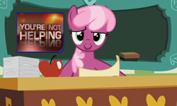Size: 1000x600 | Tagged: safe, edit, screencap, cheerilee, family appreciation day, apple, chalkboard, classroom, desk, eraser, paper, ponyville schoolhouse, reading, solo, the daily show
