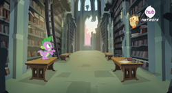 Size: 1910x1037 | Tagged: safe, screencap, owlowiscious, spike, dragon, inspiration manifestation, book, castle of the royal pony sisters, hub logo, library, ruins