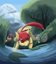 Size: 1398x1604 | Tagged: safe, artist:bakuel, apple bloom, scootaloo, sweetie belle, frog, action pose, animal, butterfly net, chase, cutie mark crusaders, mouth hold, net, pond, water, wet mane