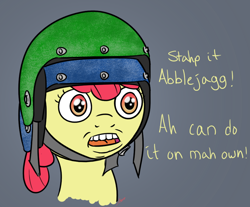 Size: 922x765 | Tagged: safe, artist:rainbow-dosh, apple bloom, double helmet, down syndrome, drawfag, helmet, solo, special, stahp