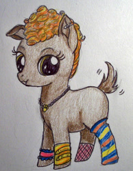 Size: 606x780 | Tagged: safe, artist:divinekitten, clothes, filly, fishnet stockings, howleen wolf, monster high, ponified, socks, solo, striped socks, traditional art