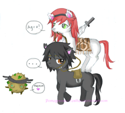 Size: 720x649 | Tagged: safe, artist:pomegranate-feather, ..., :3, agro, bridle, crossover, frown, heart, mouth hold, ponies riding ponies, raised hoof, reins, riding, saddle, shadow of the colossus, squee, sword, unamused, weapon