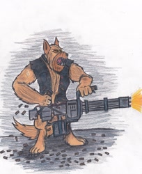 Size: 2391x2929 | Tagged: safe, artist:zubias, oc, oc only, diamond dog, hellhound, fallout equestria, beard, clothes, gun, minigun, solo, traditional art