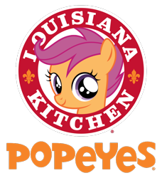 Size: 716x784 | Tagged: safe, artist:rainbowraindashdash, scootaloo, chicken, logo, louisiana, popeyes, scootachicken, solo