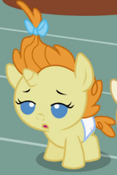 Size: 264x396 | Tagged: safe, screencap, pumpkin cake, pony, baby cakes, :o, baby, baby eyes, baby pony, cute, diaper, diapered, diapered filly, female, filly, lidded eyes, one month old filly, sleepy, solo, tired, white diaper