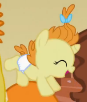 Size: 176x207 | Tagged: safe, screencap, pumpkin cake, pony, baby cakes, baby, baby pony, cute, diaper, diapered, diapered filly, eyes closed, female, filly, happy, happy baby, jumping, one month old filly, open mouth, playful, smiling, solo, white diaper