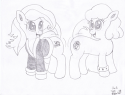 Size: 1328x1009 | Tagged: safe, artist:mc-ryan, oc, oc only, oc:cherry gourmet, oc:jaide, earth pony, pony, butt shake, cherry pony, clothes, female, mare, monochrome, raised tail, ring pony, tail