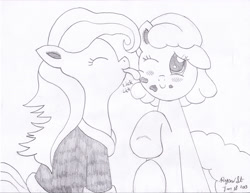 Size: 3304x2552 | Tagged: safe, artist:mc-ryan, oc, oc only, oc:cherry gourmet, oc:jaide, cherry pony, food, licking, monochrome, ring pony