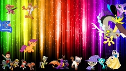 Size: 1920x1080 | Tagged: artist needed, source needed, safe, daring do, discord, scootaloo, cat, dog, draconequus, dragonfly, human, pegasus, pony, squirrel, bubsy bobcat, cape, clothes, cynder, dress, eyes closed, female, filly, flying, hat, helmet, male, mare, ope, paw patrol, pointing, rainbow background, raised hoof, snow white, spyro the dragon, trixie's cape, trixie's hat