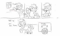 Size: 3000x1800 | Tagged: safe, artist:frikdikulous, oc, oc only, earth pony, pony, coffee, comic, cookie, facial hair, monochrome, sketch