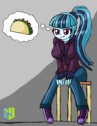 Size: 1000x1300 | Tagged: safe, artist:neutralchilean, sonata dusk, equestria girls, breasts, clothes, female, food, hoodie, solo, sonata bust, sonataco, taco, that girl sure loves tacos, thought bubble