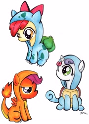 Size: 2043x2834 | Tagged: safe, artist:catscratchpaper, apple bloom, scootaloo, sweetie belle, bulbasaur, charmander, clothes, costume, crossover, cutie mark crusaders, pokémon, squirtle