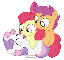 Size: 860x800 | Tagged: safe, artist:dm29, apple bloom, scootaloo, sweetie belle, adorabloom, cute, cutealoo, cutie mark crusaders, diasweetes, eyes closed, grin, hnnng, julian yeo is trying to murder us, on back, open mouth, pony pile, simple background, smiling, tickling, transparent background, trio, vector