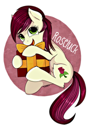 Size: 1503x2163 | Tagged: safe, artist:shadowh00f, roseluck, fluffy, happy, present, solo