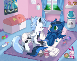 Size: 1107x879 | Tagged: safe, artist:ambunny, oc, oc only, oc:midnight shadows, oc:snow blitz, pegasus, pony, cute, diaper, diaper change, foal, midblitz, ocbetes