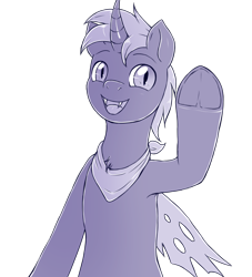 Size: 1000x1100 | Tagged: safe, artist:evomanaphy, oc, oc only, oc:nightfall, changeling, fangs, monochrome, raised hoof, sketch, smiling, solo