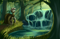 Size: 2550x1650 | Tagged: safe, artist:grennadder, zecora, zebra, cape, clothes, solo, waterfall