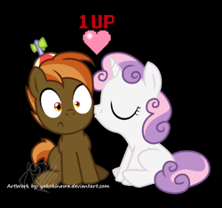 Size: 800x750 | Tagged: safe, artist:yokokinawa, button mash, sweetie belle, 1up, female, kissing, male, shipping, straight, sweetiemash