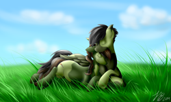 Size: 1600x960 | Tagged: safe, artist:greenknight5700, oc, oc only, oc:blitzkrieg, oc:springfield, earth pony, pony, camopony, cuddling, eyes closed, floppy ears, pregnant, prone, smiling, snuggling