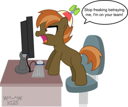 Size: 977x818 | Tagged: safe, artist:sasukex125, button mash, earth pony, pony, blank flank, colt, computer, foal, greatest freakout ever, hat, hooves, male, open mouth, propeller hat, rage, simple background, solo, speech bubble, table, transparent background, vector, yelling