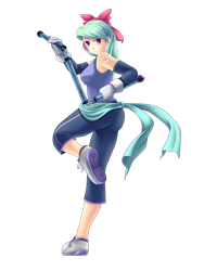 Size: 922x1229 | Tagged: safe, artist:yatonokami, flitter, human, alternative cutie mark placement, clothes, commission, cutie mark, flail, humanized, sanjiegun, simple background, solo, three-section staff, transparent background, weapon, yoga pants