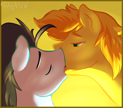 Size: 1280x1123 | Tagged: safe, artist:hoodoo, braeburn, soarin', eyes closed, gay, kissing, male, shipping, soarburn