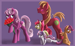 Size: 1600x983 | Tagged: safe, artist:rulsis, apple bloom, big macintosh, cheerilee, scootaloo, sweetie belle, earth pony, pony, bouquet, cheerimac, cutie mark crusaders, flower, kiss mark, male, shipper on deck, shipping, stallion, straight