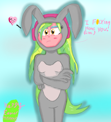 Size: 1024x1121 | Tagged: safe, artist:mildockart, lemon zest, equestria girls, friendship games, blushing, bunny costume, censored, clothes, crossed arms, dialogue, easter, easter bunny, easter egg, frown, headphones, heart, looking at you, signature, solo, speech, tsundere, unamused, vulgar