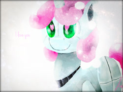 Size: 800x600 | Tagged: dead source, safe, derpibooru import, sweetie belle, sweetie bot, pony, robot, unicorn, cute, female, filly, foal, heart eyes, horn, parody, smiling, solo, text, wingding eyes