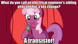 Size: 959x540 | Tagged: safe, derpibooru import, cheerilee, earth pony, pony, cheerilee pun, curtain, electronics, engineering, exploitable meme, female, green eyes, mare, meme, microphone, open mouth, pun, sex change, smiling, solo, spotlight, text, two toned mane, two toned tail