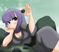 Size: 1720x1540 | Tagged: safe, artist:lucky-jj, maud pie, human, maud pie (episode), blushing, colored pupils, eye clipping through hair, female, humanized, looking at something, maudabetes, rock, solo