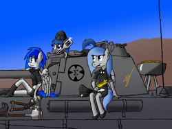 Size: 1000x750 | Tagged: safe, artist:zatgeneral, oc, oc only, oc:sapphire sights, oc:smartmouth, oc:trailblazer, anthro, panther (tank), spatula, tank (vehicle)