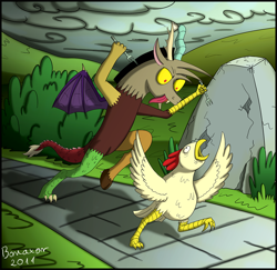 Size: 1200x1167 | Tagged: safe, artist:bonaxor, derpibooru import, discord, chicken, draconequus, horn, male, solo