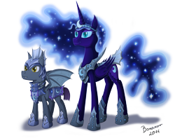 Size: 1500x1180 | Tagged: safe, artist:bonaxor, derpibooru import, nightmare moon, oc, oc:dream, alicorn, bat pony, pony, night guard