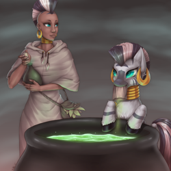 Size: 1024x1024 | Tagged: safe, artist:missangest, derpibooru import, zecora, human, zebra, abstract background, cauldron, human ponidox, humanized