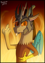 Size: 900x1271 | Tagged: safe, artist:bonaxor, derpibooru import, discord, fire, lord of the rings, middle finger, sauron, solo, the one ring, xk-class end-of-the-world scenario