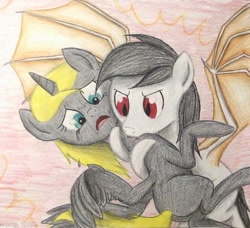 Size: 936x854 | Tagged: safe, artist:thefriendlyelephant, derpibooru import, oc, oc only, alicorn, pony, vampony, alicorn oc, bat wings, bite mark, biting, corrupted, dramatic, duo, traditional art, wings