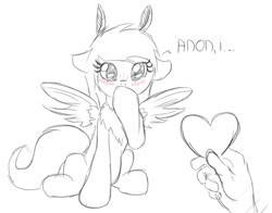 Size: 691x543 | Tagged: safe, oc, oc only, human, mothpony, original species, covering, floppy ears, hand, heart, moth pony general, sitting, spread wings, valentine