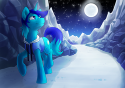 Size: 4093x2894 | Tagged: safe, artist:pixel-prism, derpibooru import, oc, oc only, oc:light shine, pony, unicorn, adventure, journey, male, moon, moonlight, mountain, night, solo, stallion, trotting