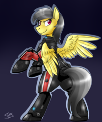 Size: 1000x1200 | Tagged: safe, artist:jitterbugjive, derpibooru import, daring do, armor, crossover, mass effect, n7 armor, solo