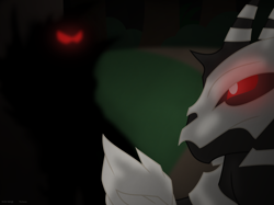 Size: 1162x867 | Tagged: safe, artist:faith-wolff, derpibooru import, kaiju, fanfic:the bridge, crossover, fanfic art, gigan, godzilla (series), monster x, ponyville, red eyes, red eyes take warning, silhouette